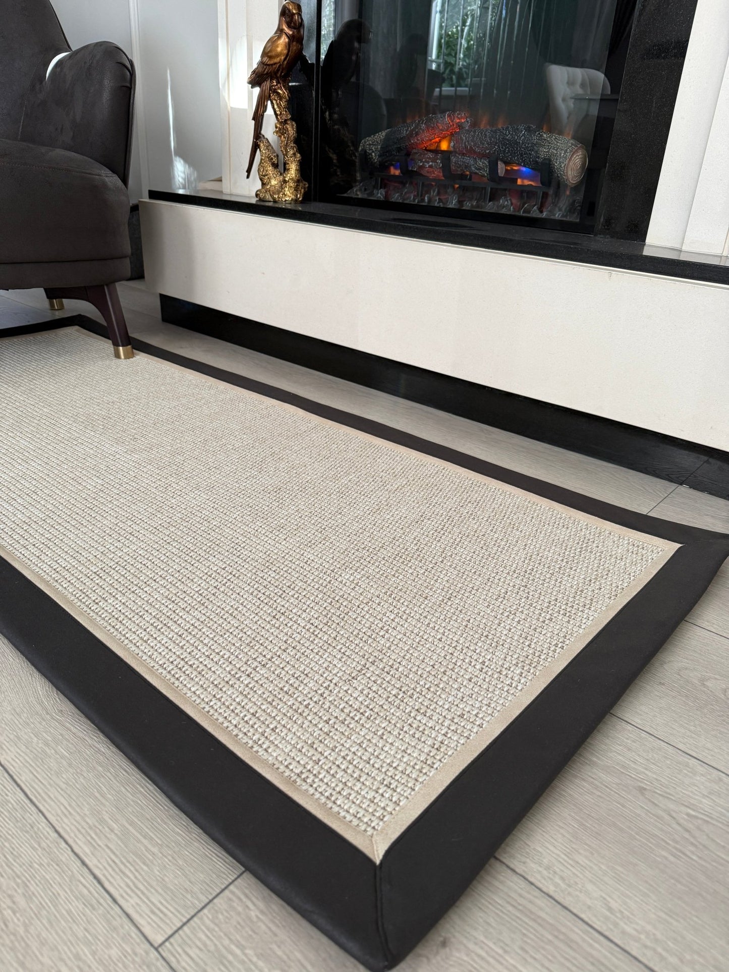 Himalaya 664 Krem Zemin - Antrasit Krem Çift Renk Deri Bordürlü Sisal Halı - HVHB39 - HALI VAGONU