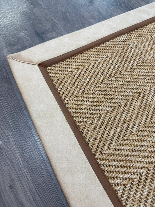 Himalaya Krem Kahve Çift Renk Deri Bordürlü 665 Bej Sisal Halı - El Yapımı, Dayanıklı, Modern Tasarım - HVHB30 - HALI VAGONU