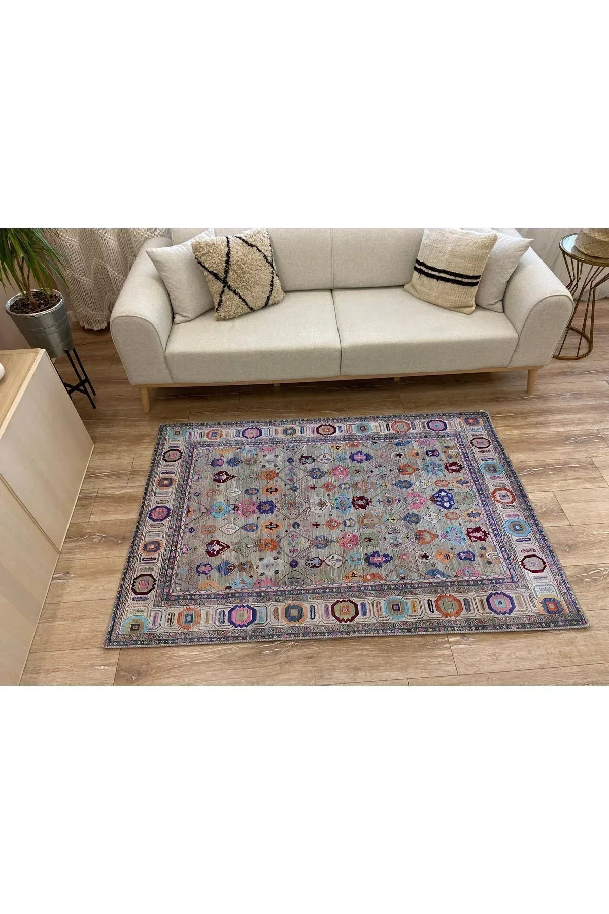 HV 60 Modern Stil Krem Ve Gri HV Halı Ve Kilim Salon Halısı Saçaklı Yıkanabilen Halı - HALI VAGONU