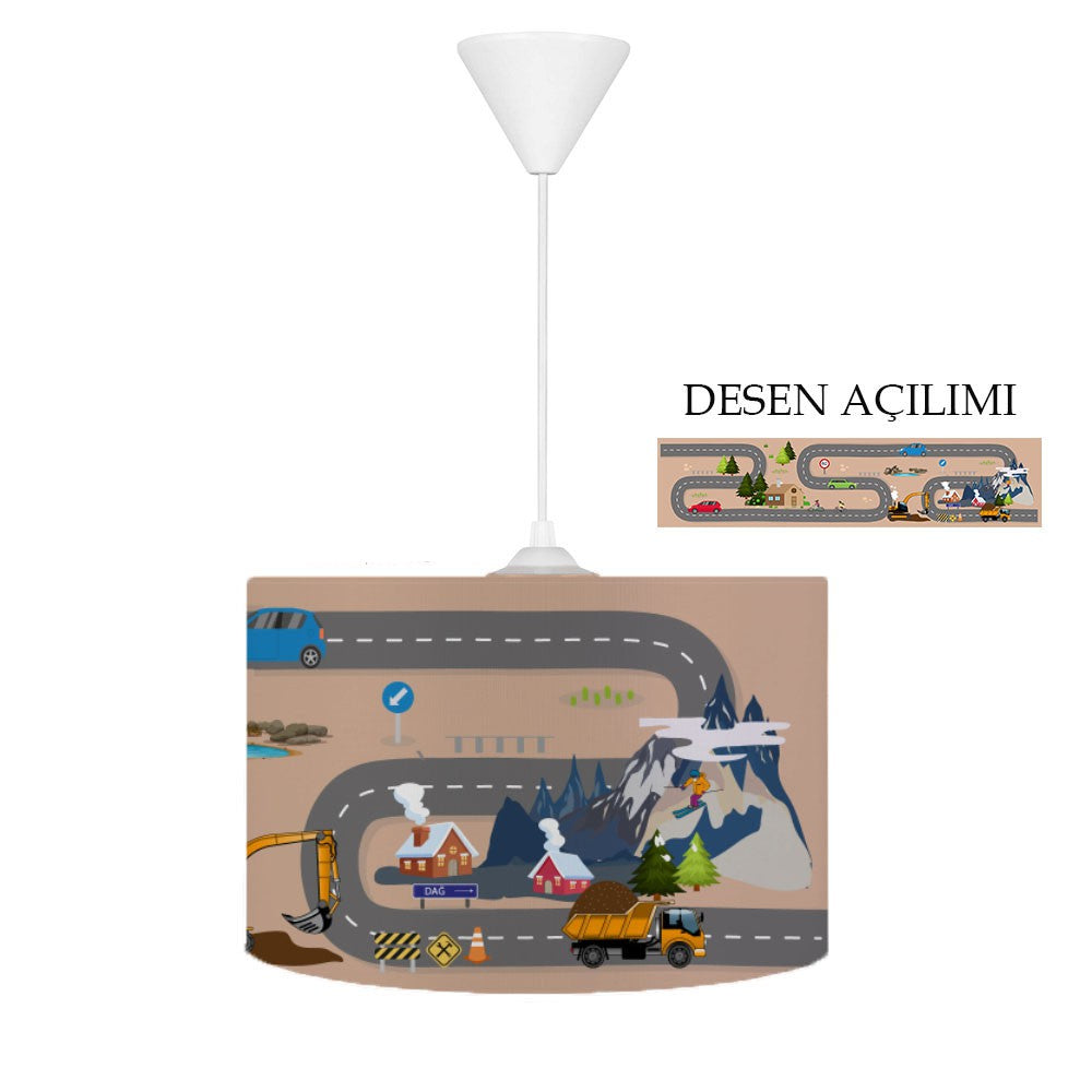 HV303 Trafikli Bej Çocuk Odası Sarkıt Avize, 30 cm çapında, 20 cm yüksekliği ile şık bir tasarım, temizlenmesi kolay tay tüyü kumaş kaplama, ayarlanabilir kablo boyu 55 cm.