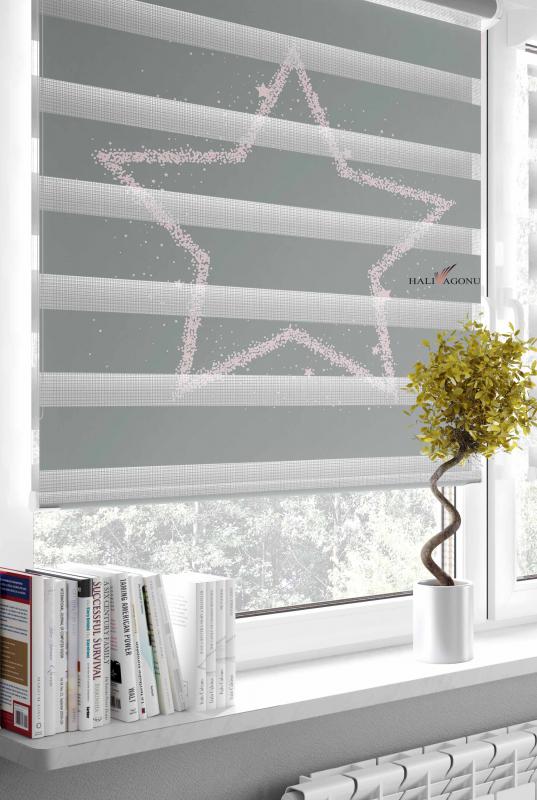 HV309GP Pembe Yıldızlı Gri Zebra Perde - Modern ve şık tasarım, ev dekorasyonunuza zarif bir dokunuş katmak için ideal.