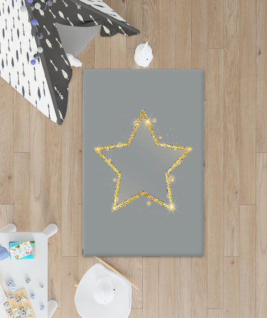 Çocuk odası dekorasyonunda kullanılan gri altın yıldızlı halı, üstten görünümle oyun alanında serili. Etrafında sevimli oyuncaklar ve minimal tasarımlı bir çocuk çadırı yer alıyor.