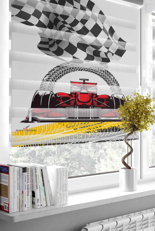 HV316B Yarış Arabalı Beyaz Zebra Perde, modern tasarımıyla ev dekorasyonunuzu tamamlayacak şık bir seçenek.