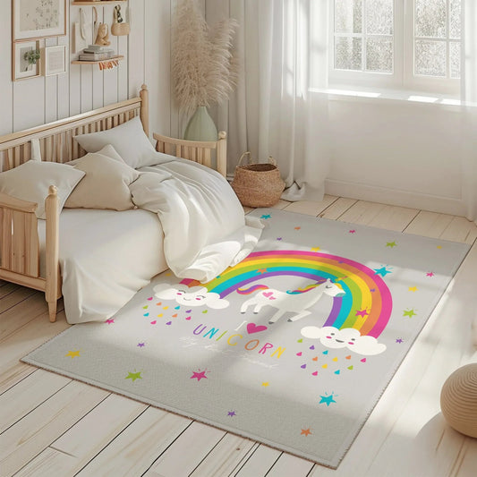 HV336G Unicorn Gri Çocuk Odası Halısı - Yumuşak, Kolay Temizlenebilir, 3 Kalite Seçeneği - HALI VAGONU