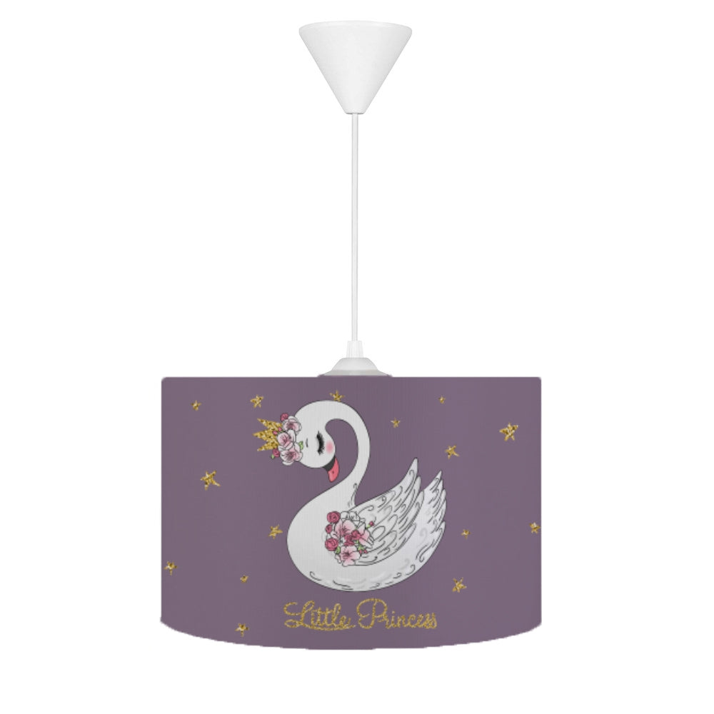 HV361 Kuğulu Çocuk Odası Sarkıt Avize, yumuşak dokulu tay tüyü kumaş kaplama, 30cm çap, 20cm yükseklik, 55cm ayarlanabilir kablo boyu ile şık ve kullanışlı bir aydınlatma ürünü.