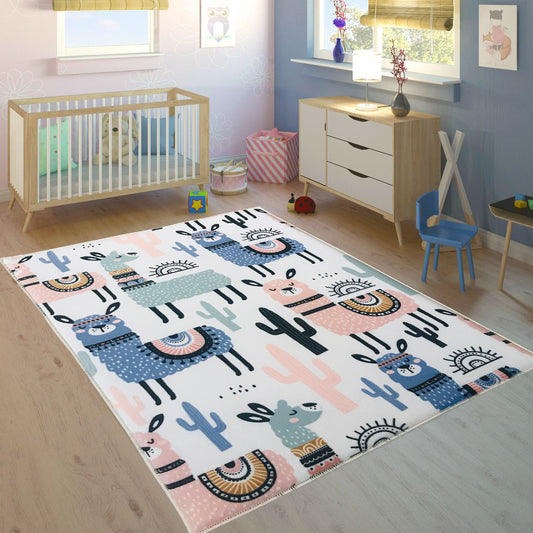 Çocuk odası için cıvıl cıvıl bir kaktüslü halı ve modern odanın görünümü.