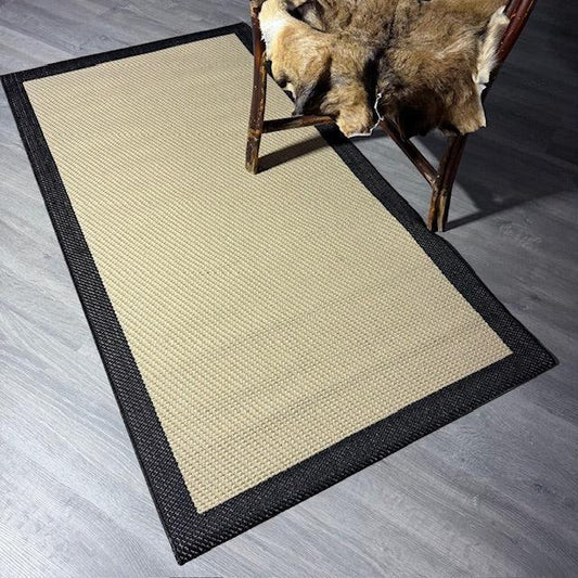 Halı Vagonu JS9716 Jüt Sisal Halı, Bej Siyah, Kaymaz Taban, Dayanıklı ve Hav Yapmaz - HALI VAGONU