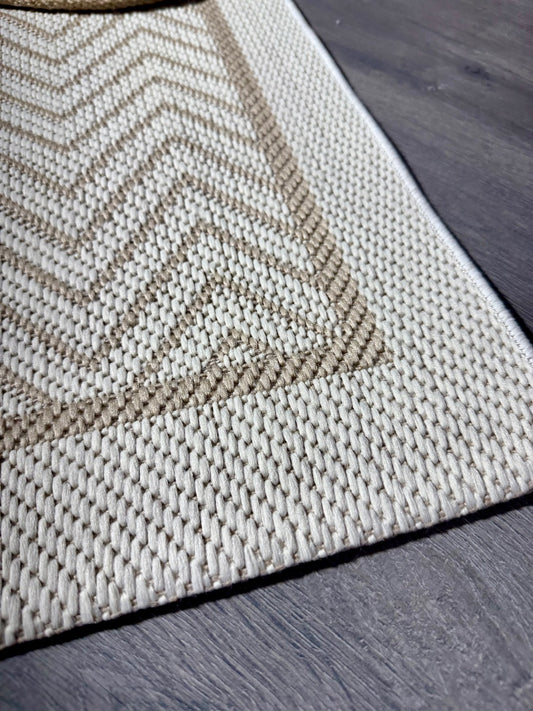 Halı Vagonu JS9717 Jüt Sisal Halı - Zigzaglı Krem Bej, Kaymaz Taban, Hav Yapmaz, Dayanıklı