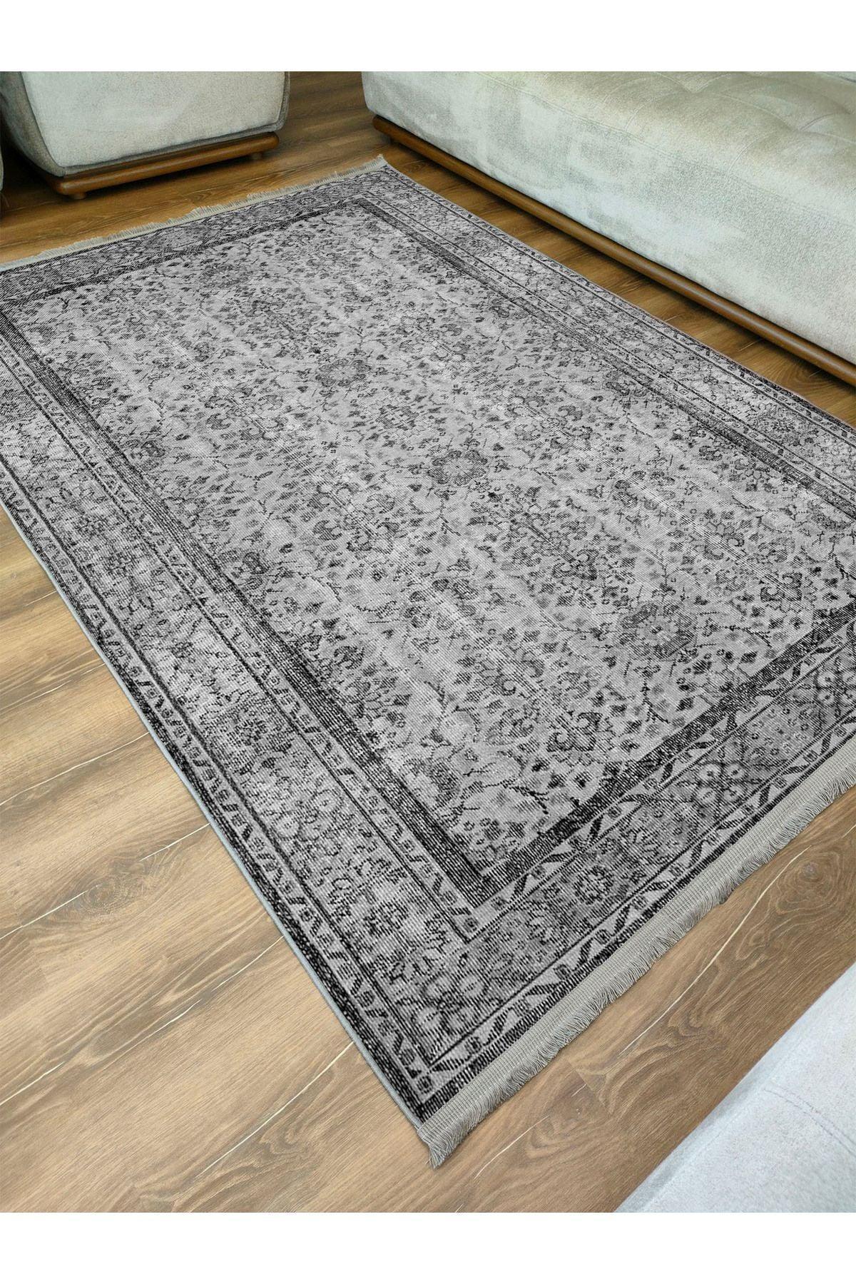 Mars 2194 Gri Antrasit Etnik Vintage Desenli Dokuma Taban Halı - HALI VAGONU