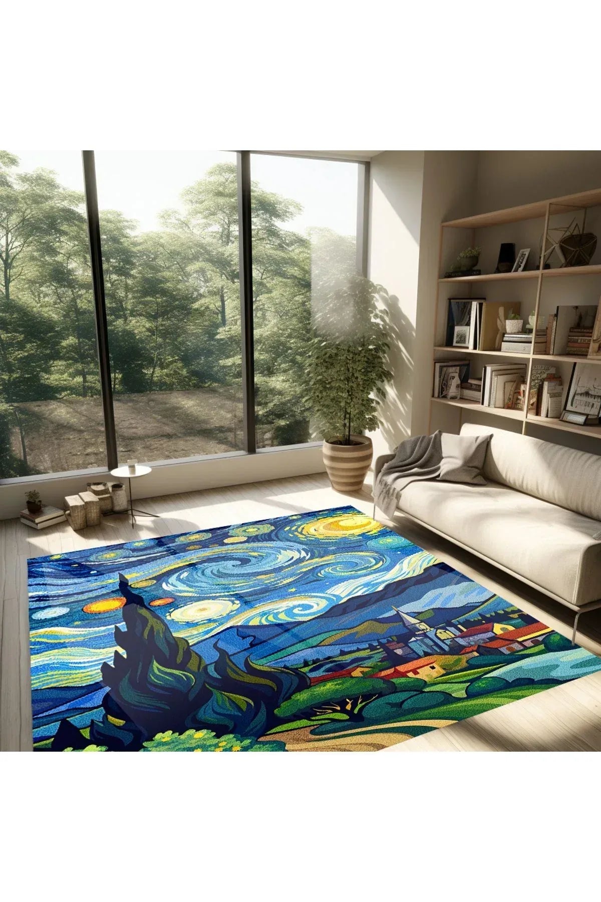 van gogh yıldızlı geceler Pastel Tonlarında Dokuma Taban Salon Halısı Çocuk Halısı Halı Vagonu 259 - HALI VAGONU