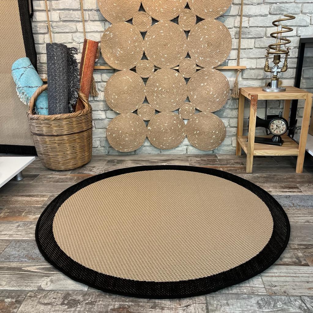 Halı Vagonu JS9716 Jüt Sisal Halı, Bej Siyah, Kaymaz Taban, Dayanıklı ve Hav Yapmaz - HALI VAGONU