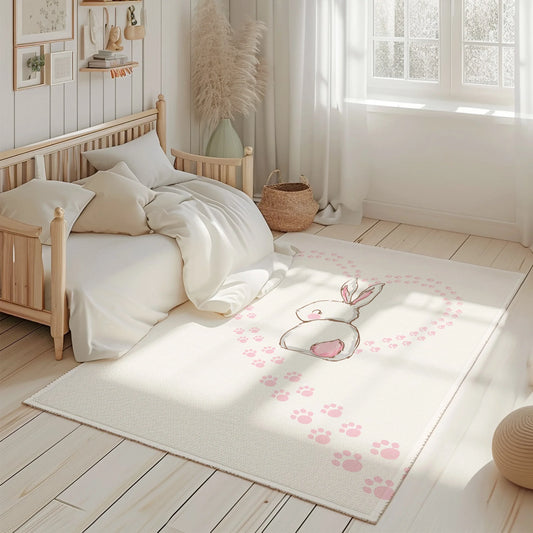 HV331 Pembe Kalp ve Tavşanlı Çocuk Odası Halısı - Yumuşak, Kolay Temizlenebilir, 3 Kalite Seçeneği - HALI VAGONU