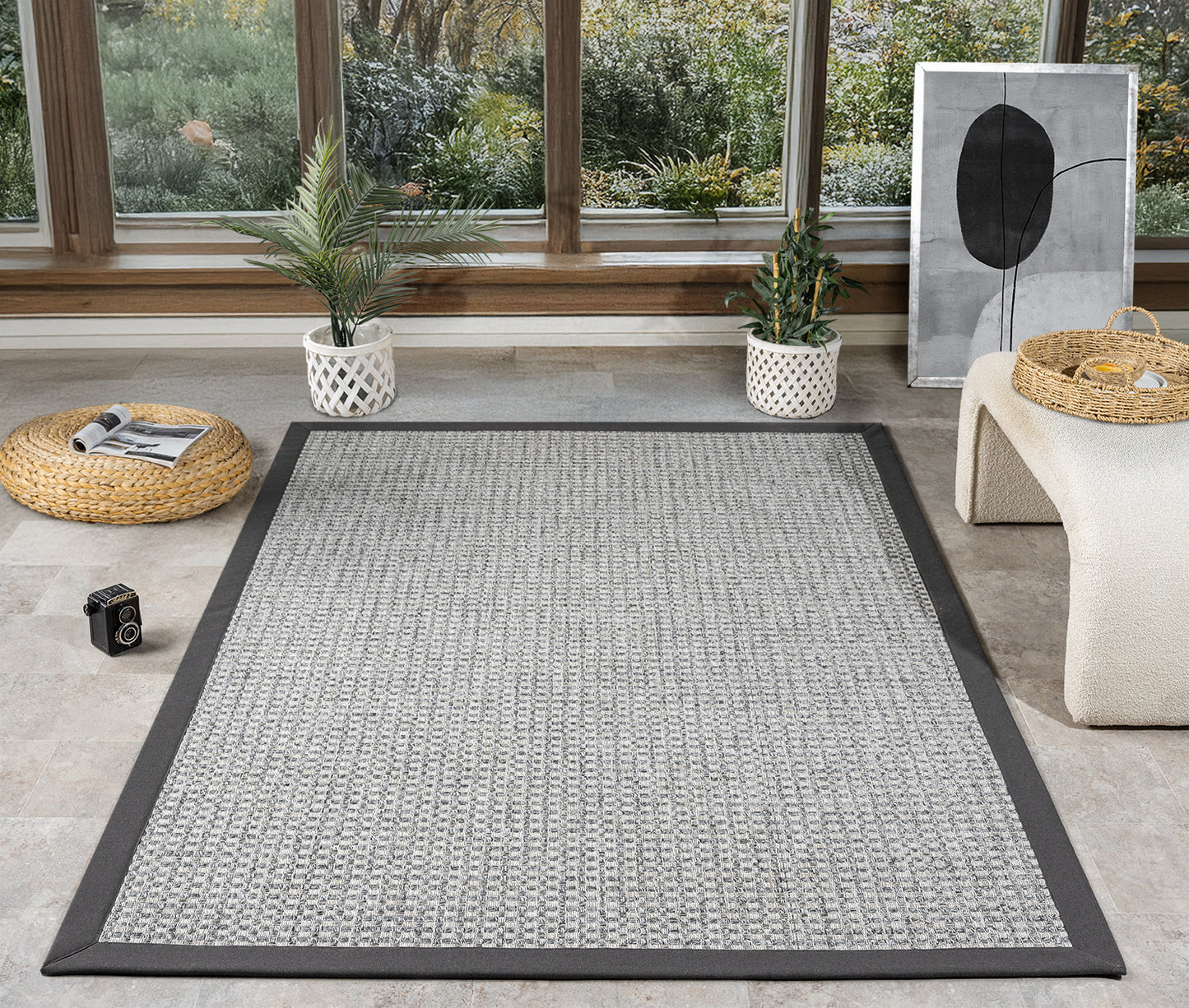 Himalaya Antrasit Kumaş Bordürlü 667 Gri Sisal Halı - HVHB14