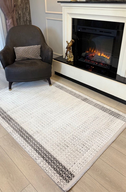 Halı Vagonu Zen Koleksiyonu ZEN03 Gri Beyaz İnce Yıkanabilir Kaymaz Tabanlı Makine Halısı