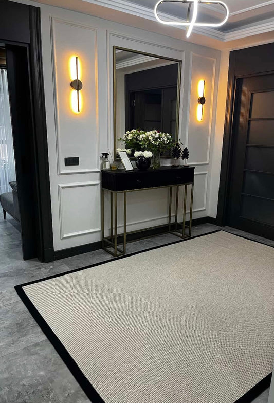 Himalaya Siyah Kumaş Bordürlü Krem Sisal Halı - El Yapımı, Dayanıklı, Modern Tasarım - HVHB22