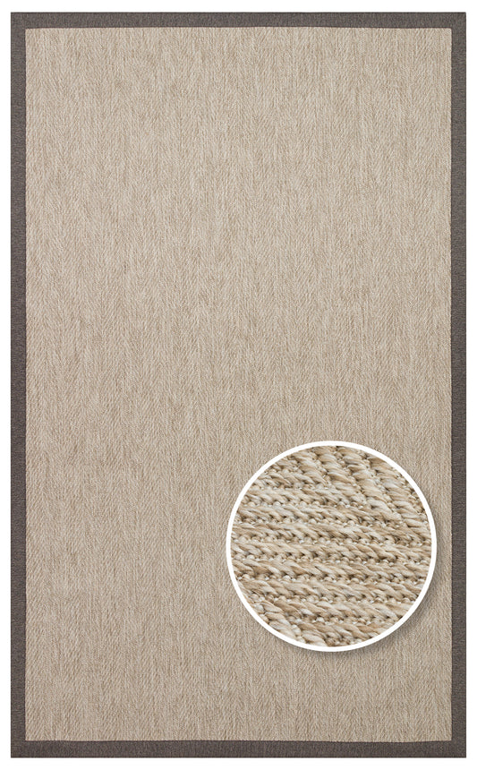 Kahve Kırçıllı Kumaş Bordürlü Balık Sırtı Desenli Bej Sisal Halı - El Yapımı, Dayanıklı, Modern Tasarım - ZHR_2704_L.Beige_BRD_Dark_Mix
