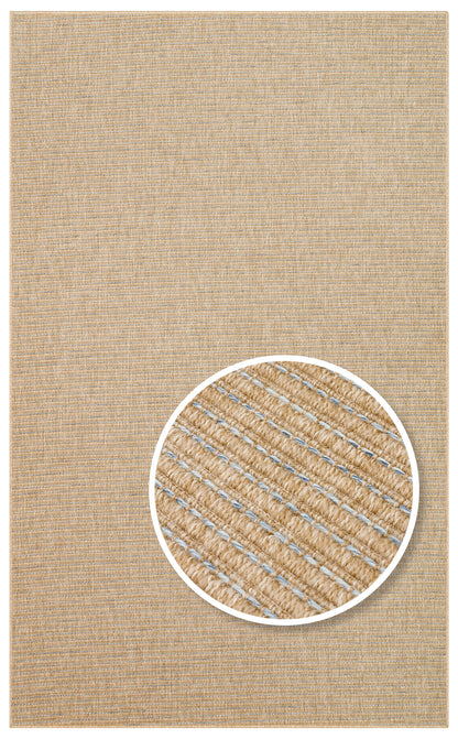 Halı Vagonu Zahara ZHR 01 Natural Blue iç ve dış mekan kullanımına uygun, hav vermeyen, kolay temizlenebilir sisal görünümlü halı, Bej Kahve Çift Renk Kumaş Bordürlü Sisal Halı olarak modern mekanlarda yer alıyor.
