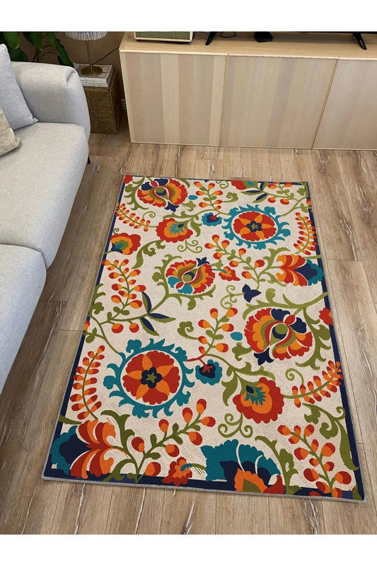 Halı Vagonu 11 Modern Stil Geniş Alan Halısı Çiçek Temalı Oturma Odası Yıkanabilen Dekoratif Halı - HALI VAGONU