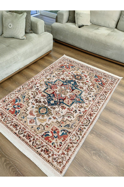 Halı Vagonu 2178 Krem Ve Bej Tonlarında Vintage Modern Saçaklı Yıkanabilen Dekoratif Halı