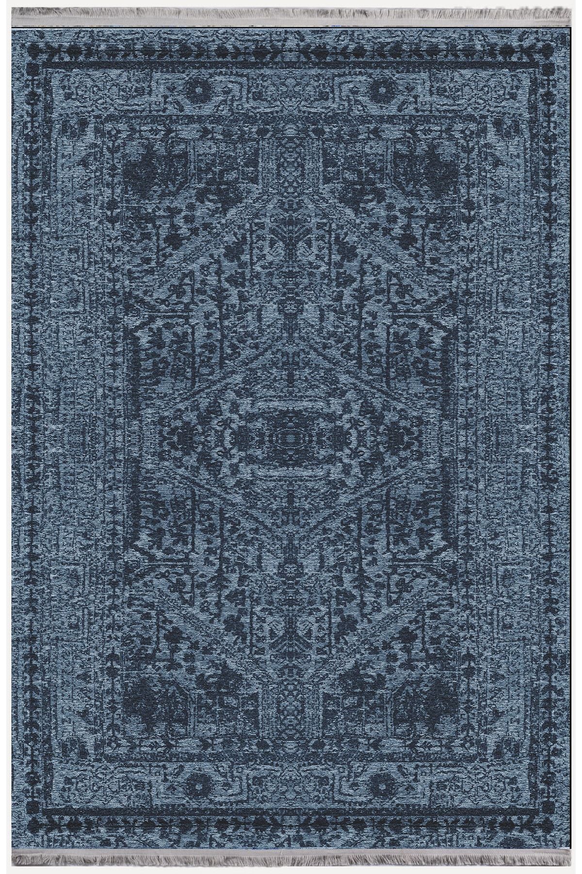 Halı Vagonu Serisi Lacivert Eskitme Antika Desen Kaymaz Taban Şönil Halı