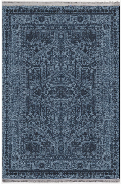 Halı Vagonu Serisi Lacivert Eskitme Antika Desen Kaymaz Taban Şönil Halı