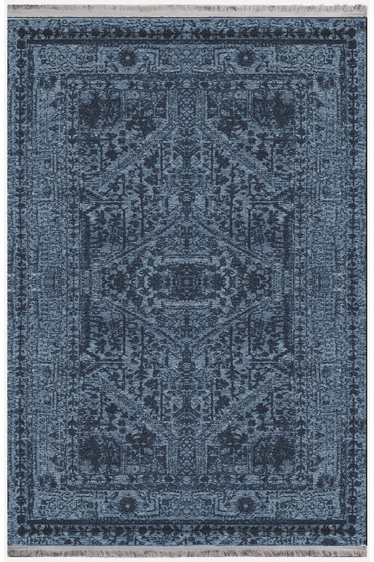 Halı Vagonu Serisi Lacivert Eskitme Antika Desen Kaymaz Taban Şönil Halı