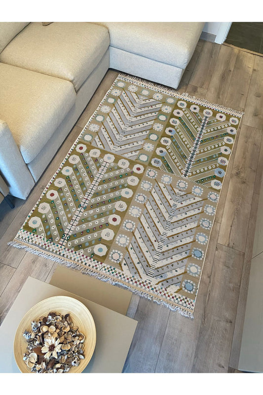 Cotton Kilim 3 Yeşil Tonunda Geometrik Desenli Dekoratif Yıkanabilen Dokuma Taban Kilim