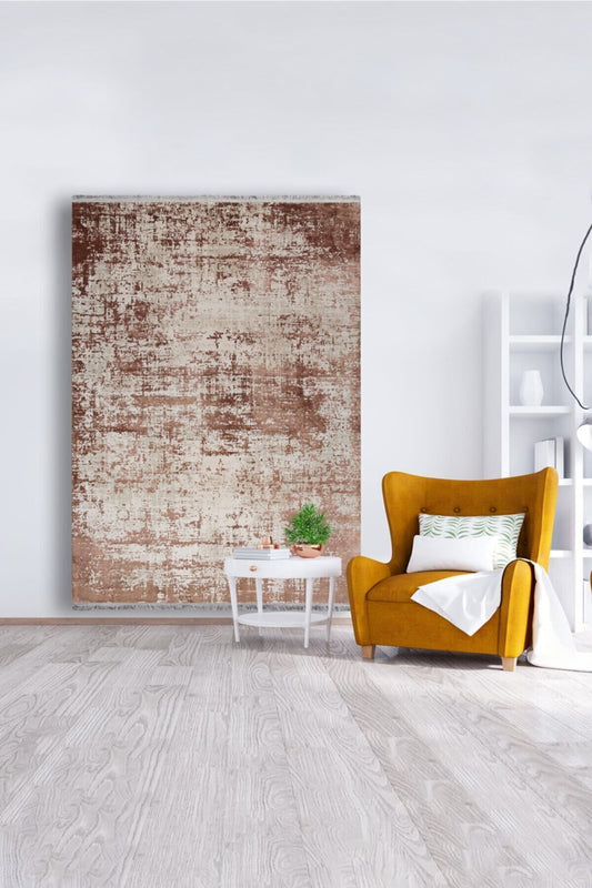 Halı Vagonu 2033 Kahve Ve Krem Tonunda Modern Eskitme Desen Kaymaz Taban Dekoratif Halı