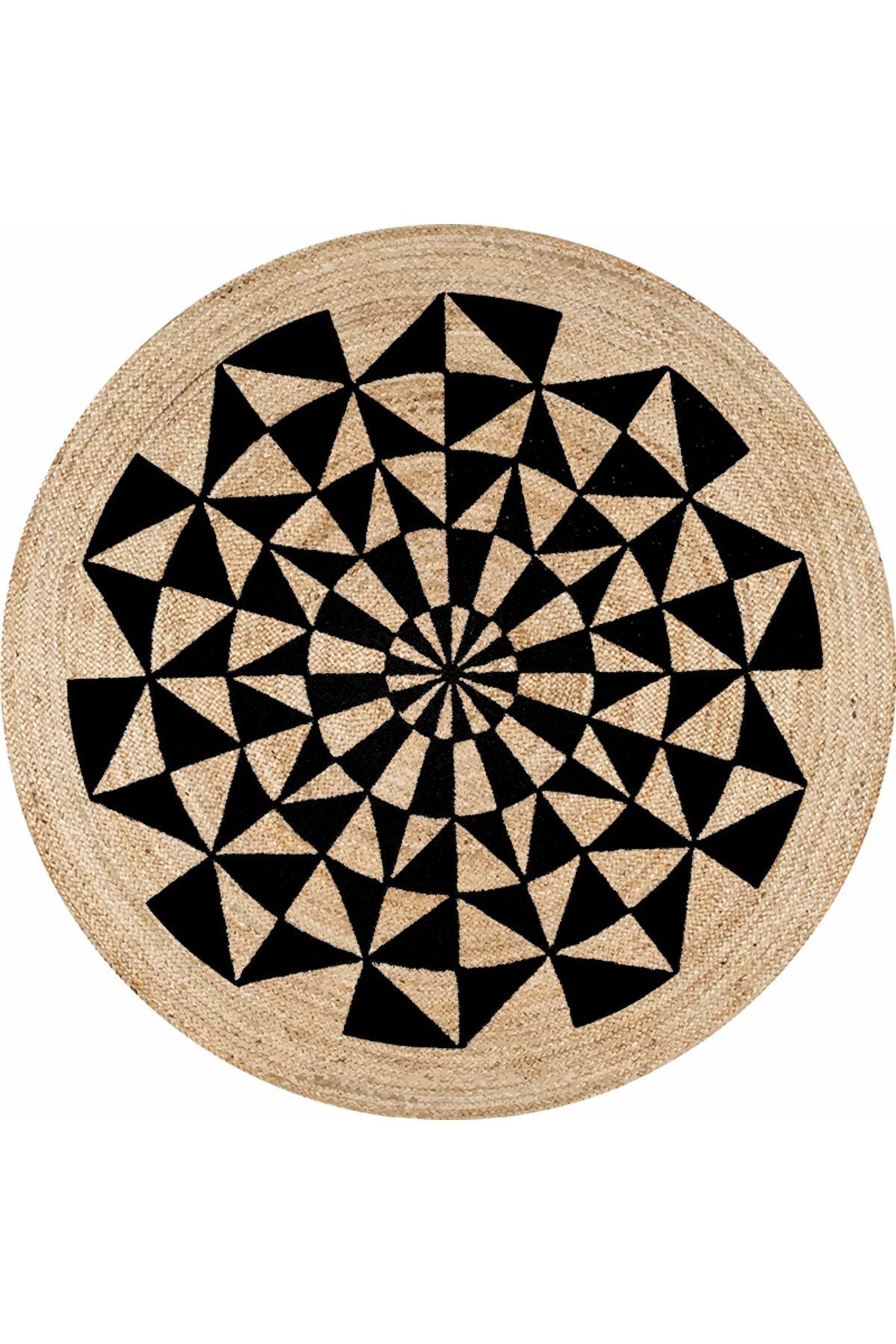 Boho 915 Geometrik Desen Baskılı Örgü Yuvarlak Natural Çift Taraflı Halı