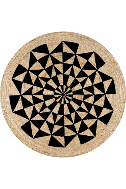 Boho 915 Geometrik Desen Baskılı Örgü Yuvarlak Natural Çift Taraflı Halı