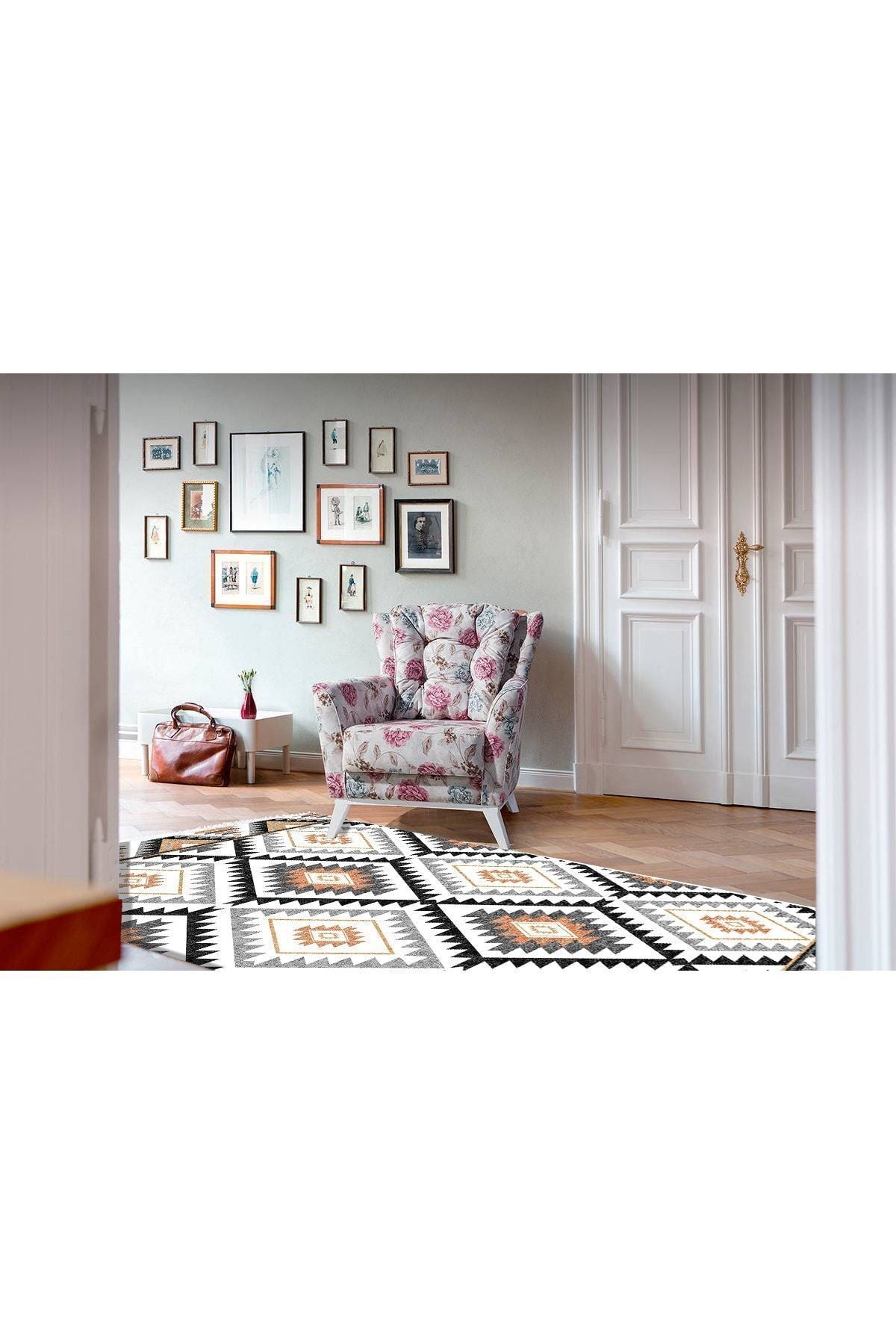 Cotton Serisi Baklava Desenli Eskitme Desenli Dekoratif Dokuma Taban Kilim