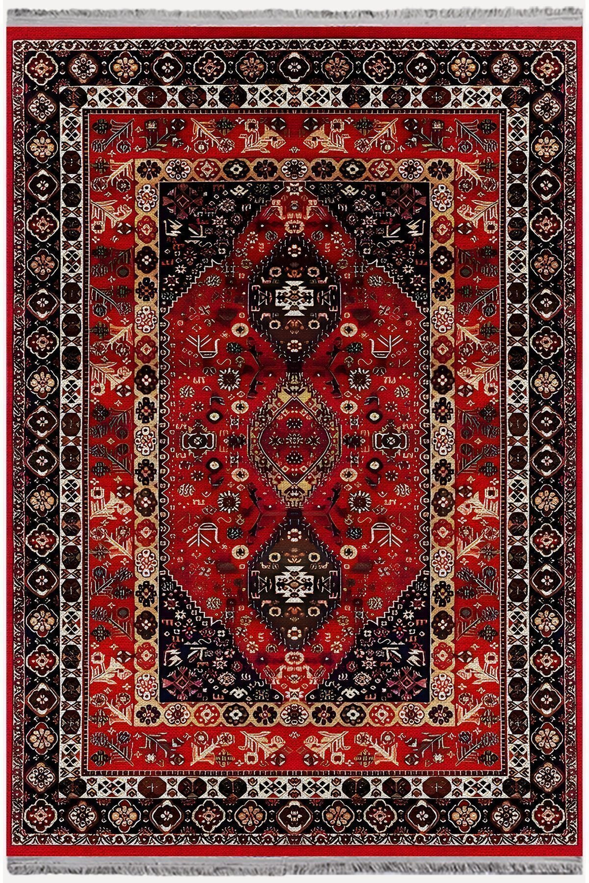 HV Halı 94 Kırmızı Ve Füme Tonlarında Klasık Dekoratif Halı Salon Halısı Saçaklı Yıkanabilen Halı