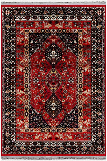 HV Halı 94 Kırmızı Ve Füme Tonlarında Klasık Dekoratif Halı Salon Halısı Saçaklı Yıkanabilen Halı