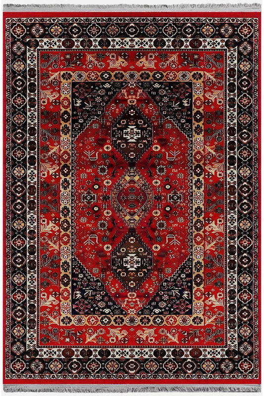 HV Halı 94 Kırmızı Ve Füme Tonlarında Klasık Dekoratif Halı Salon Halısı Saçaklı Yıkanabilen Halı