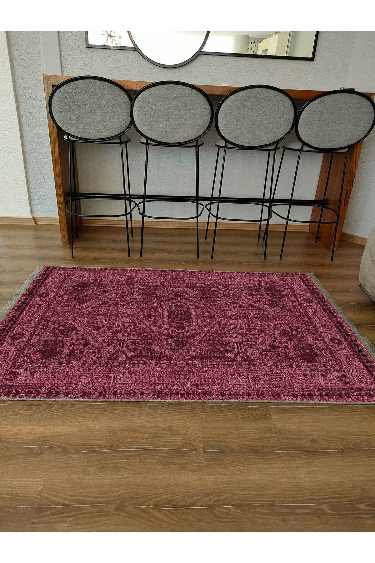 Halı Vagonu Halı 2081 Bordo Tonunda Dekoratif Halı Salon Halısı Saçaklı Yıkanabilen Halı