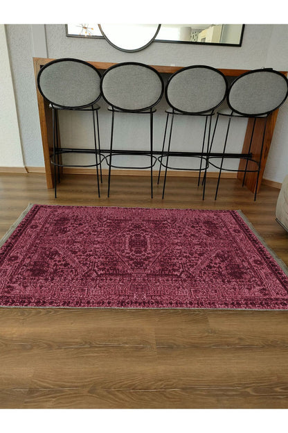 Halı Vagonu Halı 2081 Bordo Tonunda Dekoratif Halı Salon Halısı Saçaklı Yıkanabilen Halı