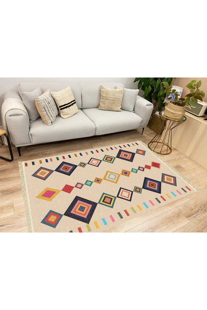 Cotton Serisi Krem Tonunda Bordürlü Desen Dekoratif Dokuma Taban Kilim