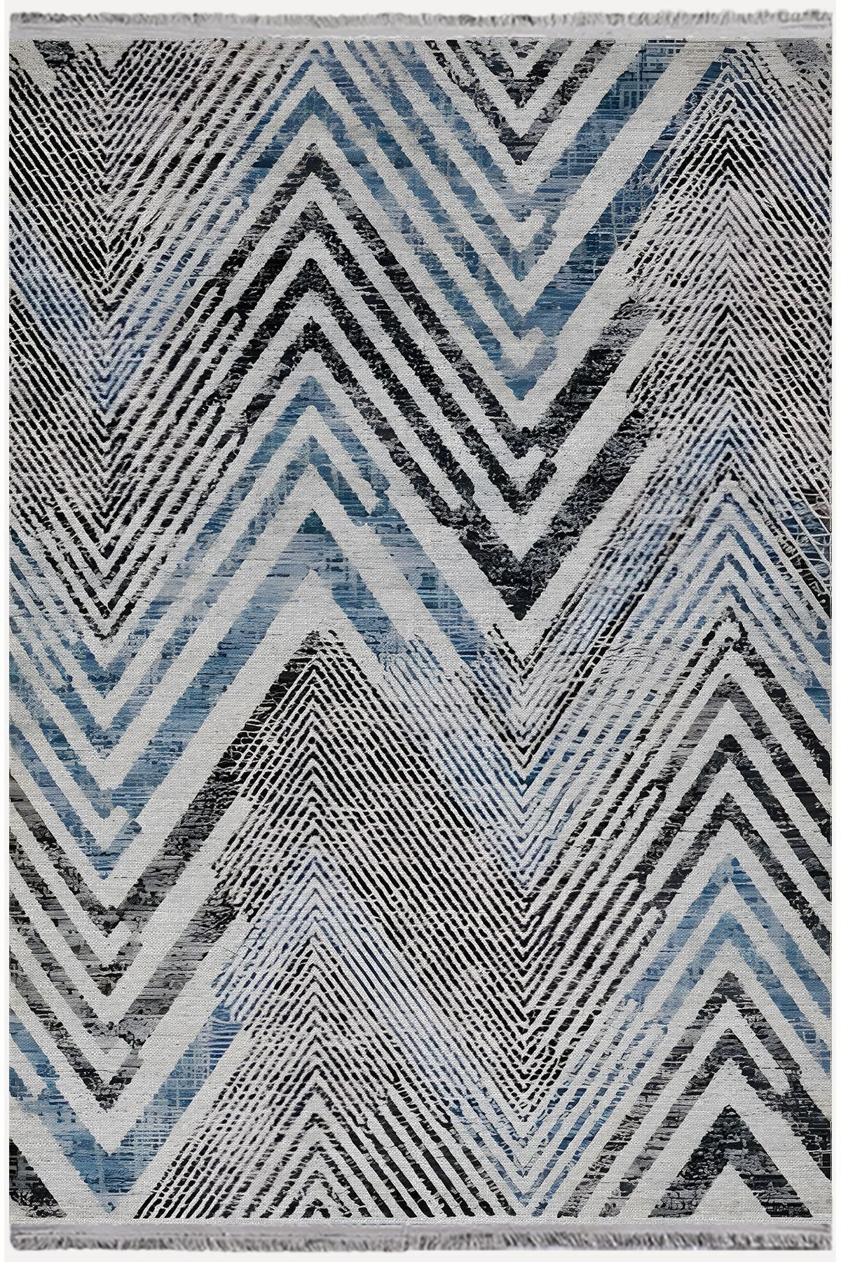 Halı Vagonu 101 Mavi Zigzag Çizgili Dekoratif Halı Saçaklı Halı