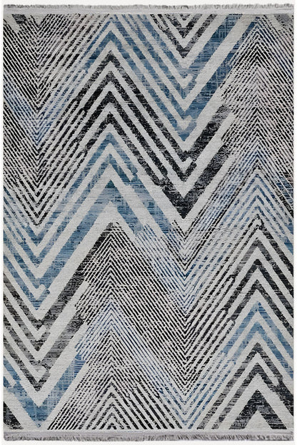 Halı Vagonu 101 Mavi Zigzag Çizgili Dekoratif Halı Saçaklı Halı