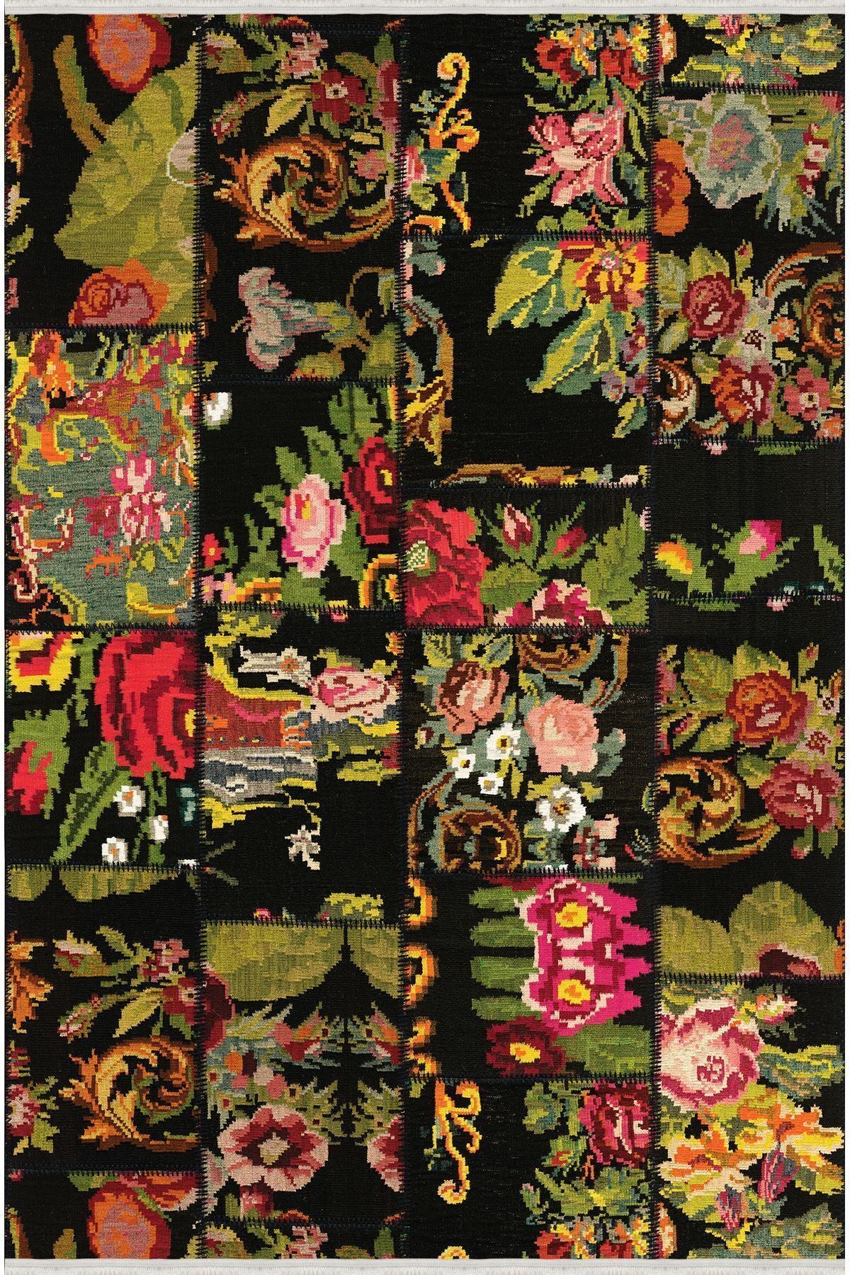 Halı Vagonu Serisi Otantik Çiçekli Patchwork Desen Kaymaz Taban Şönil Halı