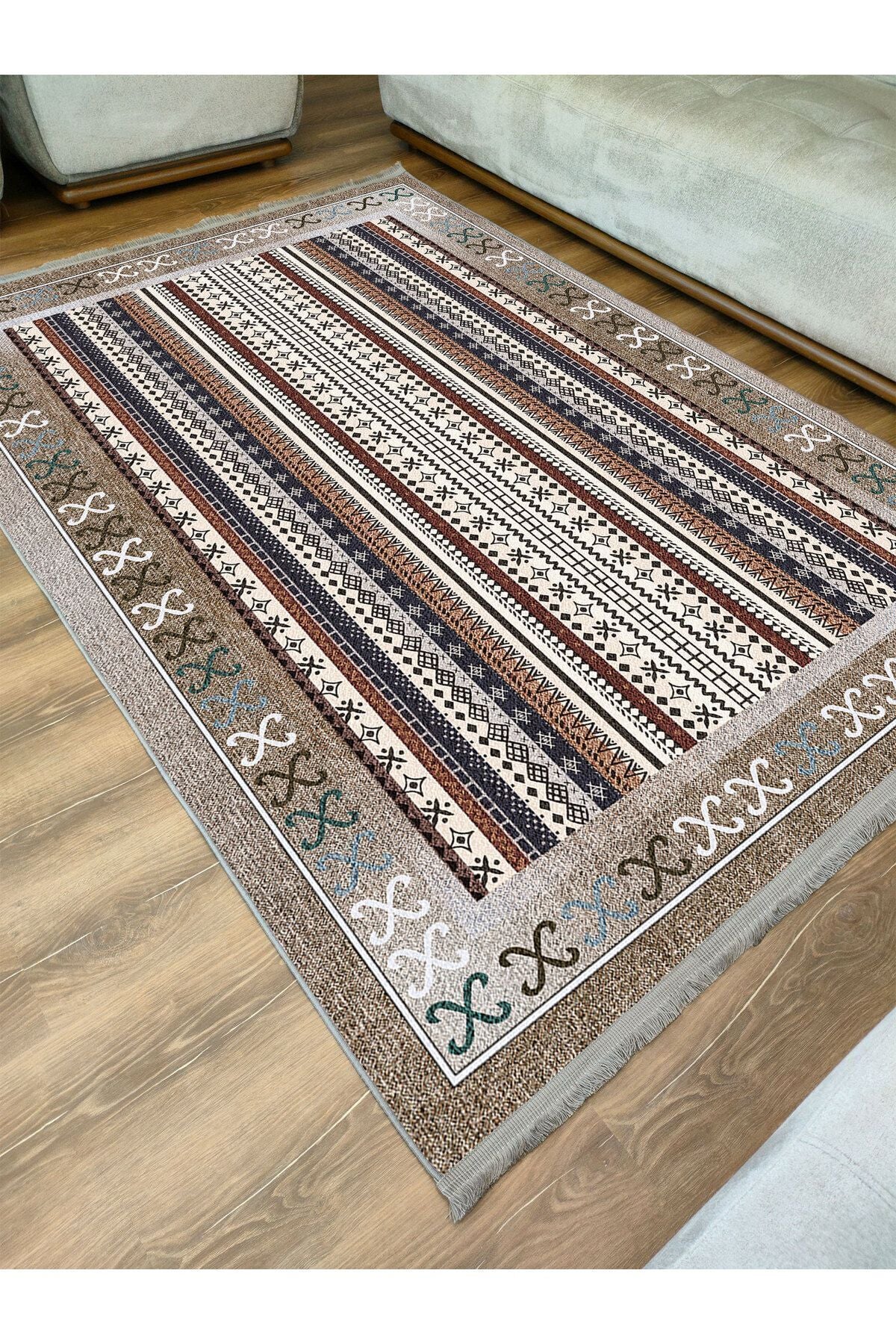 Halı Vagonu Halı 2075 Kahve Tonunda Dekoratif Halı Salon Halısı Saçaklı Yıkanabilen Halı