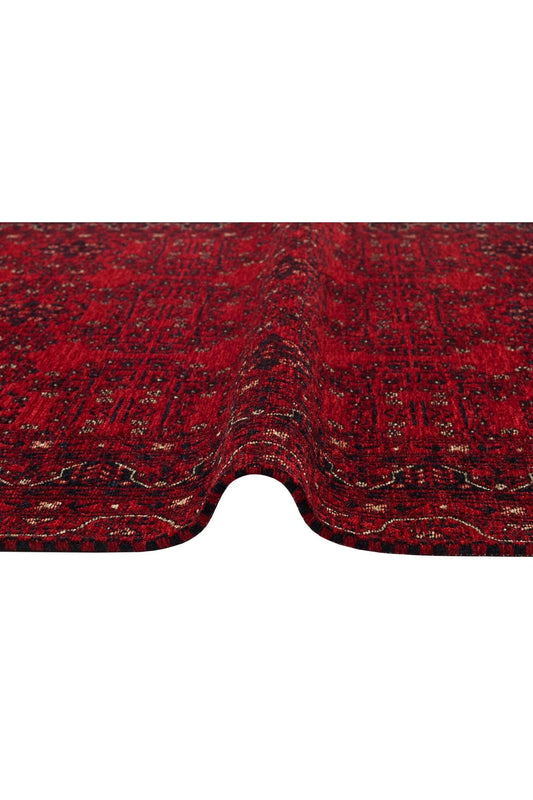 Buhari Bhr 02 Red Afgan Yağcıbedir Desenli Hav Toz Vermez Yıkanabilir Kaymaz Ince Dokuma Halı