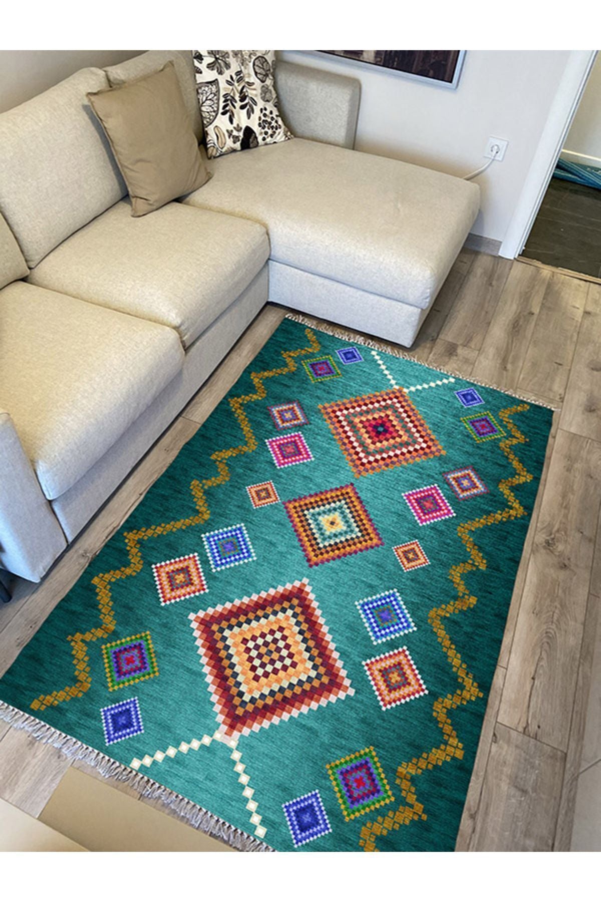COTTON KİLİM 3669 Yeşil Tonlarında İskandinav Desenli Dekoratif Kilim