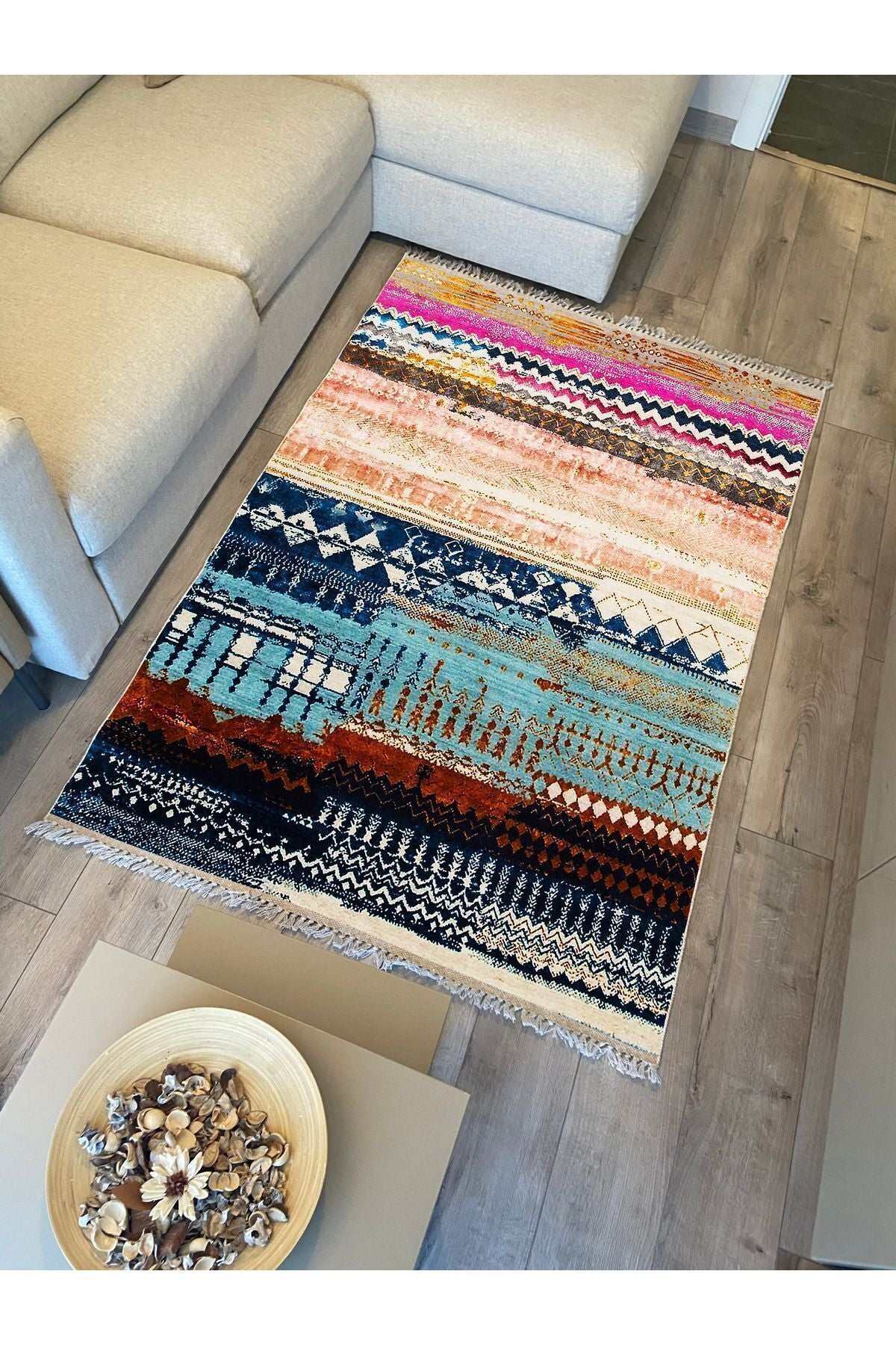 Cotton Kilim 70 Multu Iskandinav Motifler Modern Dekoratif Saçaklı Yıkanabilen Dokuma Kilim