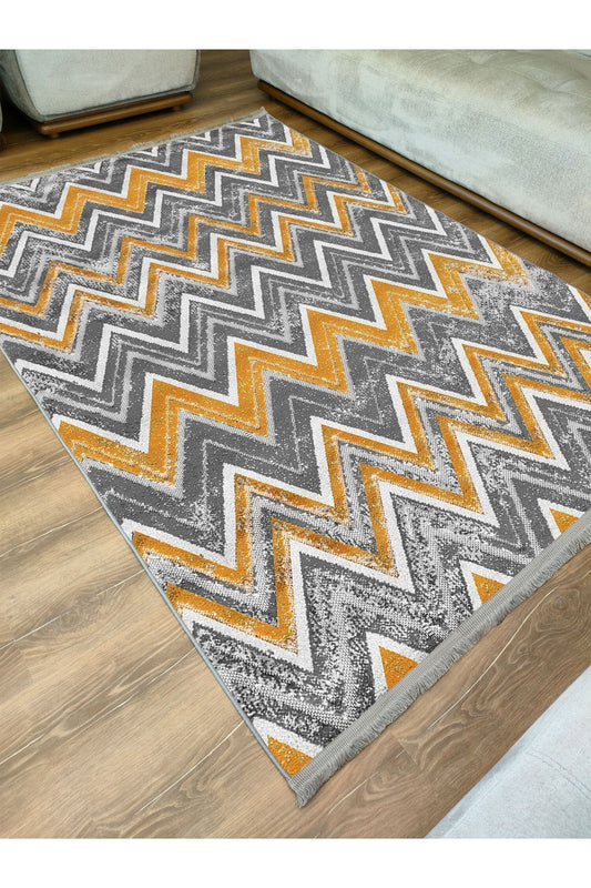 Halı Vagonu Serisi Hardal Ve Gri Tonlarında Zikzak Geometrik Desen Kaymaz Taban Şönil Halı