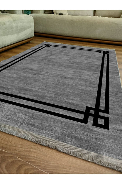 Halı Vagonu 2064 Siyah Çerçeve Desenli Yıkanabilir Kaymaz Salon Halısı, Koridor Ve Mutfak Halısı