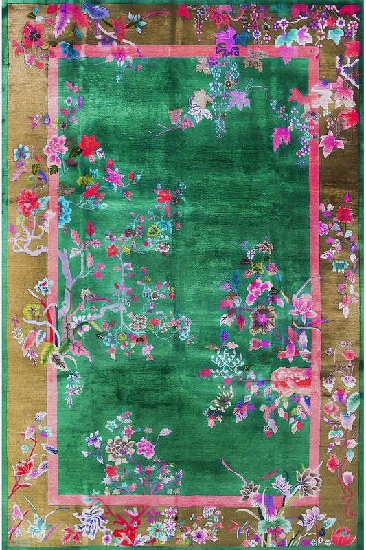 Halı Vagonu 79 Yeşil Tonlarında Çiçek Temalı Dekoratif Salon Halısı Saçaklı Yıkanabilen Halı