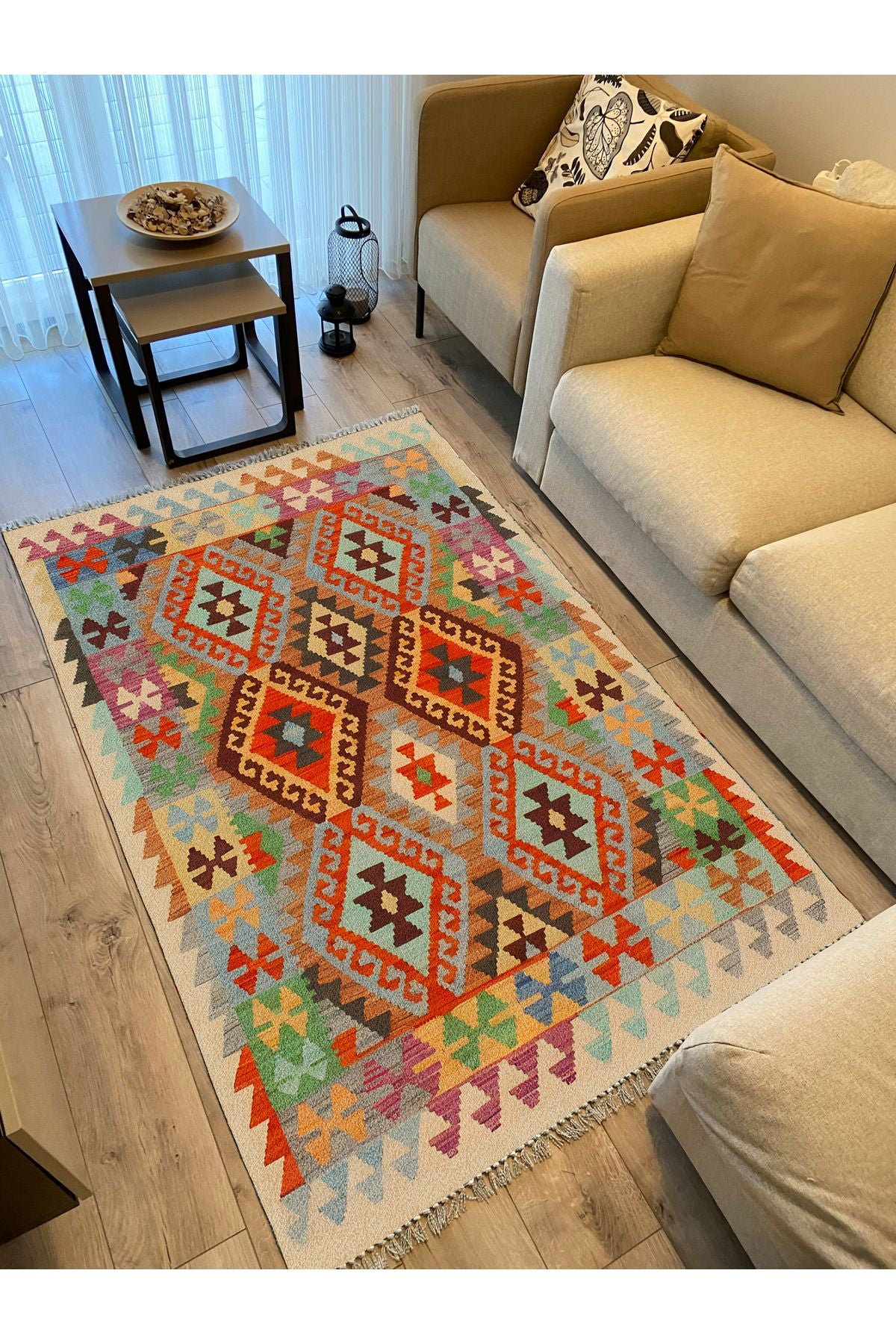 Cotton Kilim 84 Çok Renkli Etnik Boho Stil Pamuk Taban