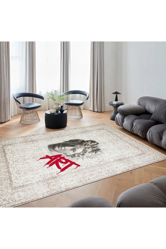 Halı Vagonu 170 Bej Vintage Art Yazılı Heykel Figürlü Modern Dokuma Taban Halı