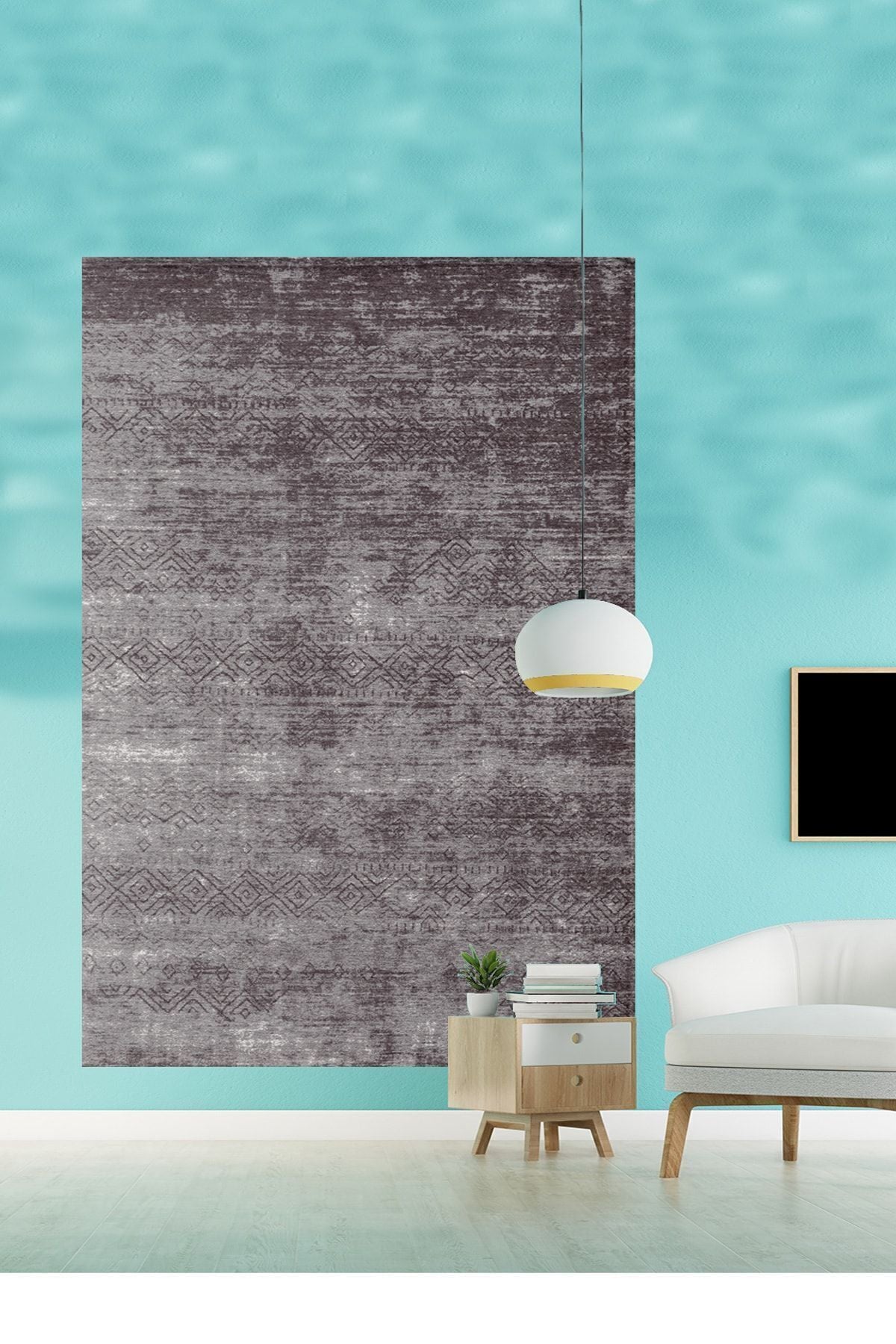 Halı Vagonu 2020 Gri Ve Siyah Tonunda Etnik Desenli Kaymaz Taban Dekoratif Halı